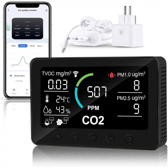 Daugiafunkcinis WiFi oro kokybės matuoklis su išmaniuoju kištuku (CO2/LOJ/PM2.5/PM1.0/Temperatūra/Drėgmė), juodas