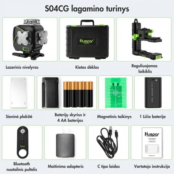 Huepar automatinis lazerinis nivelyras S04CG + Lazerinis imtuvas LR6RG 3